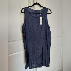 Eileen Fisher Silk Round Neck Short Dress Midnight Blue Pattern Size XL New